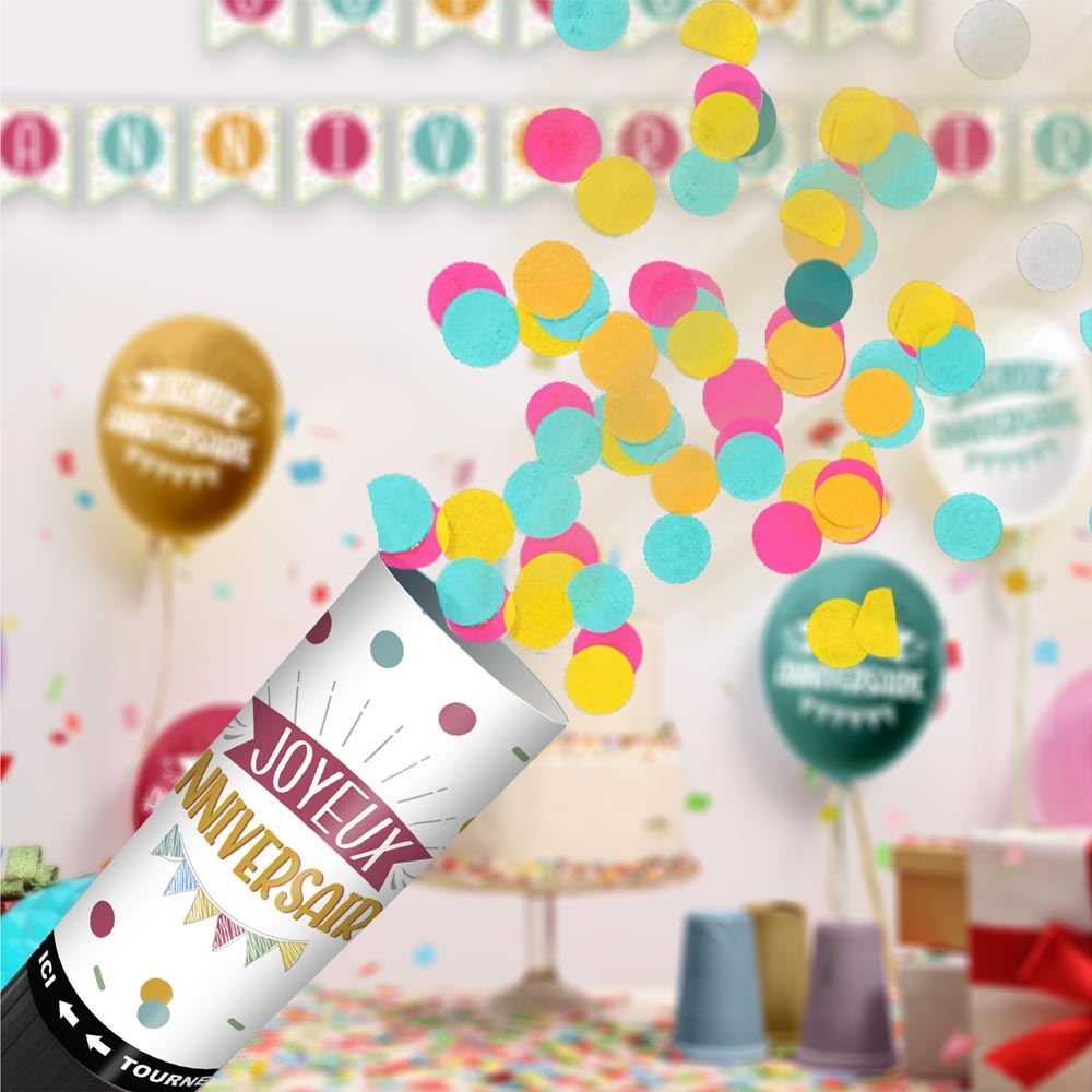 Mini canon à confettis multicolores - Joyeux anniversaire
