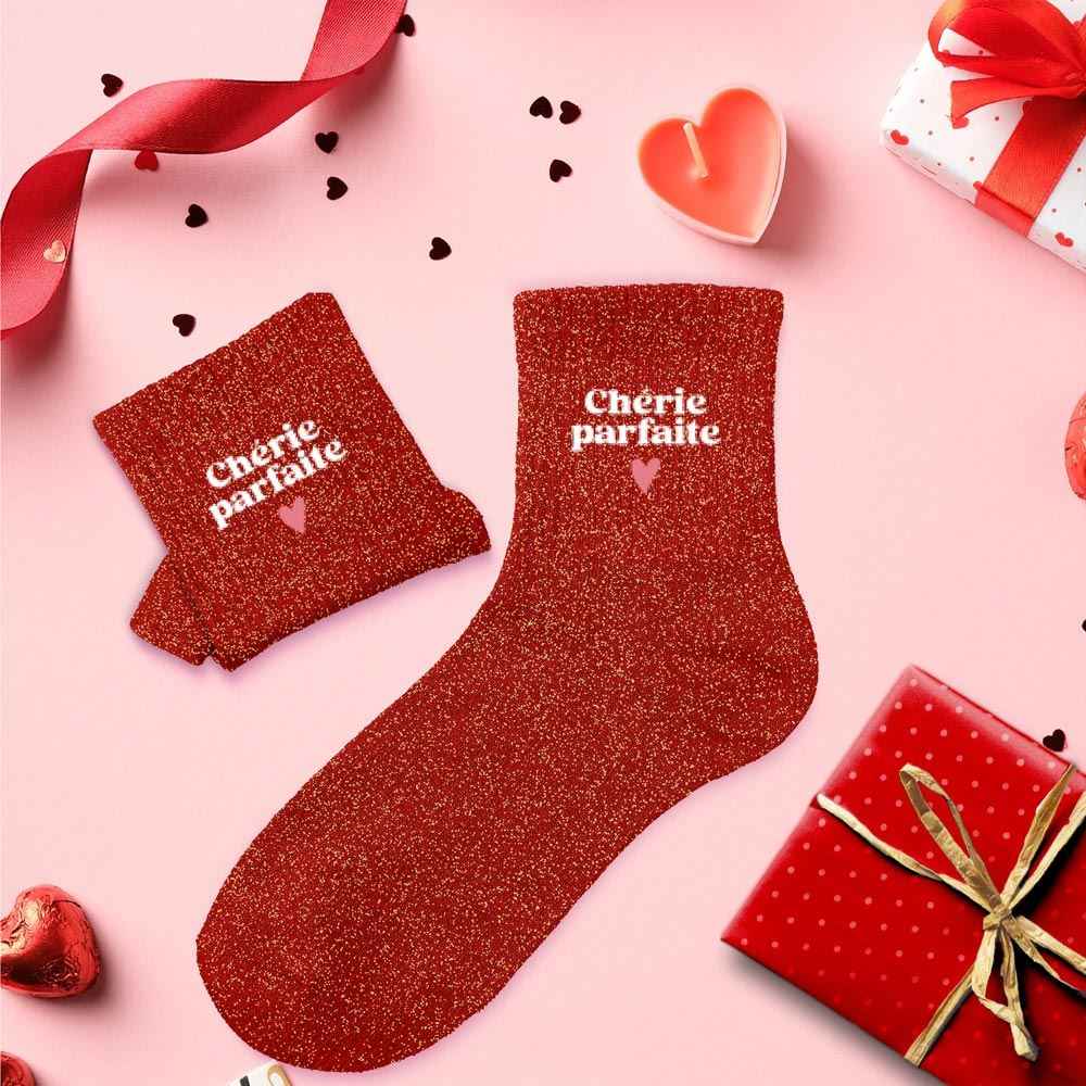 Chaussettes à paillettes rouge "Chérie Parfaite"/ Taille unique : 36-42
