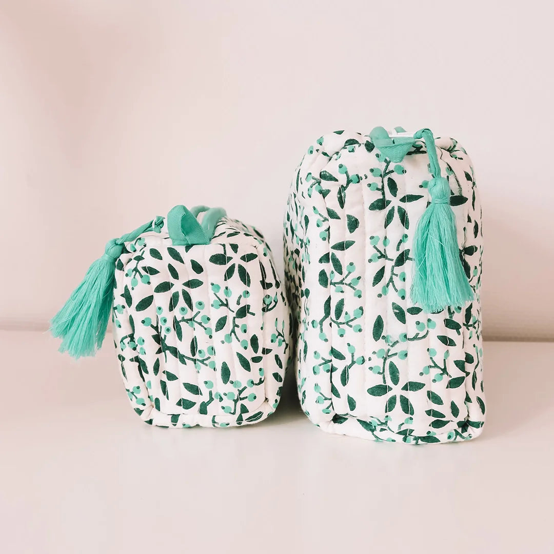 Trousse de toilette blanche et bleu motif feuilles