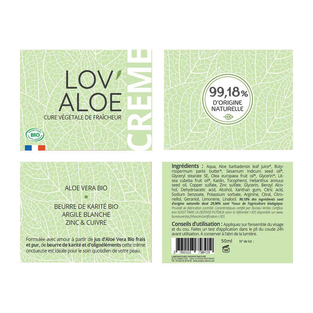 Crème hydratante pour le visage à l'aloé vera - LOV ALOE' - Bio et made in France
