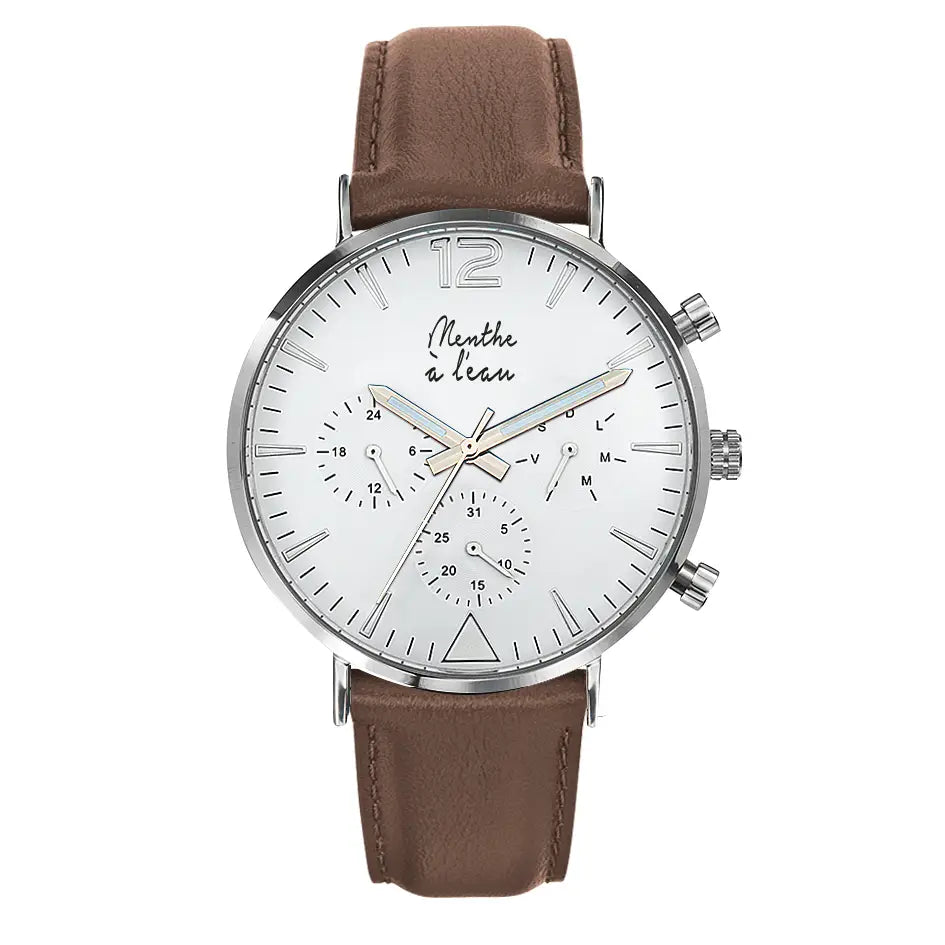 Montre avec bracelet en cuir marron et grand cadran argenté - Homme