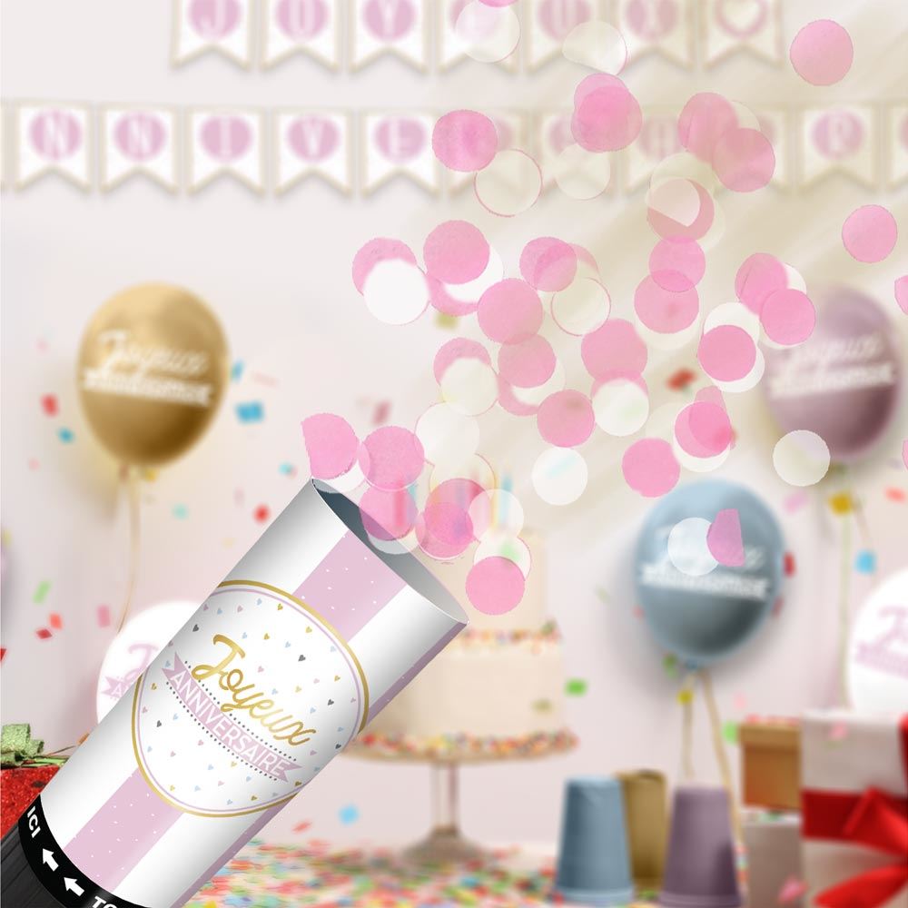 Mini canons à confettis rose - Joyeux anniversaire
