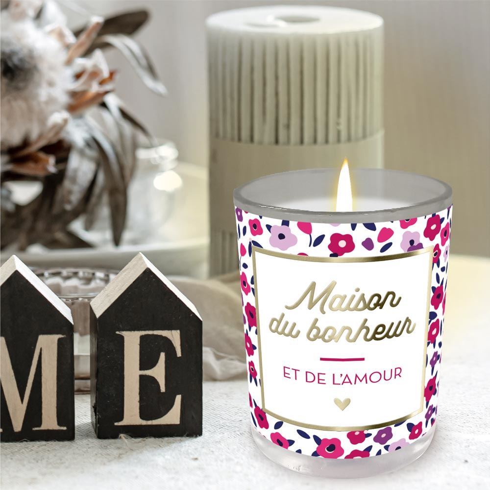 Bougie en verre "Maison du bonheur" – Parfum rose