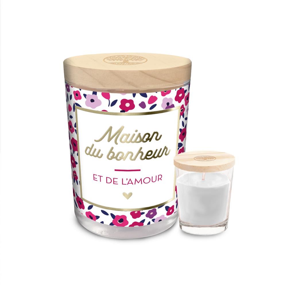 Bougie en verre "Maison du bonheur" – Parfum rose