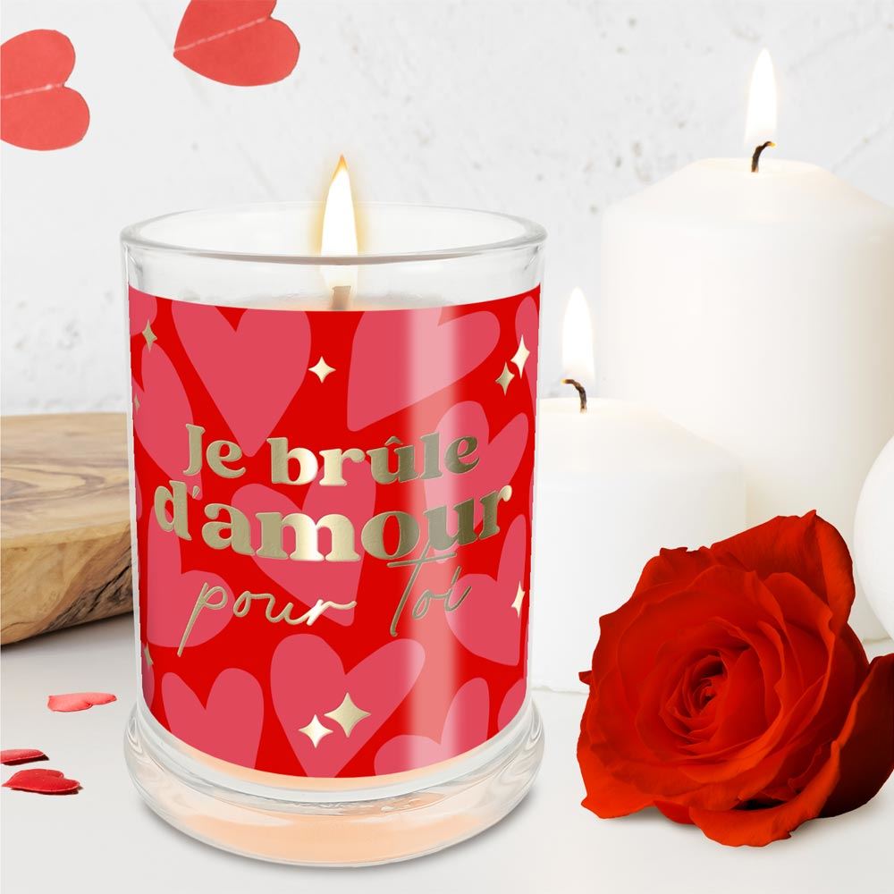 Bougie en verre rouge "Je brûle d’amour"