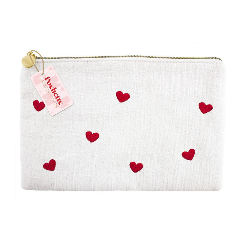 Pochette en gaze de coton - coeurs rouges