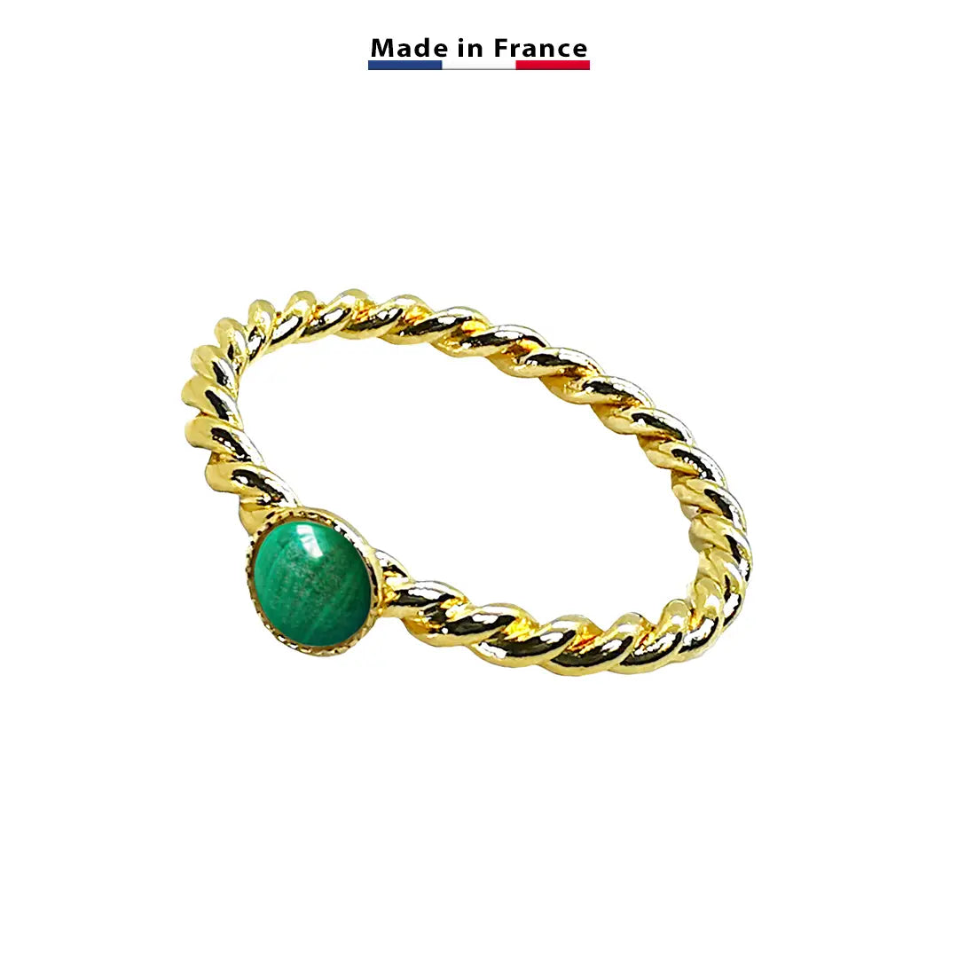 Bague plaqué or torsadée pierre ronde en malachite