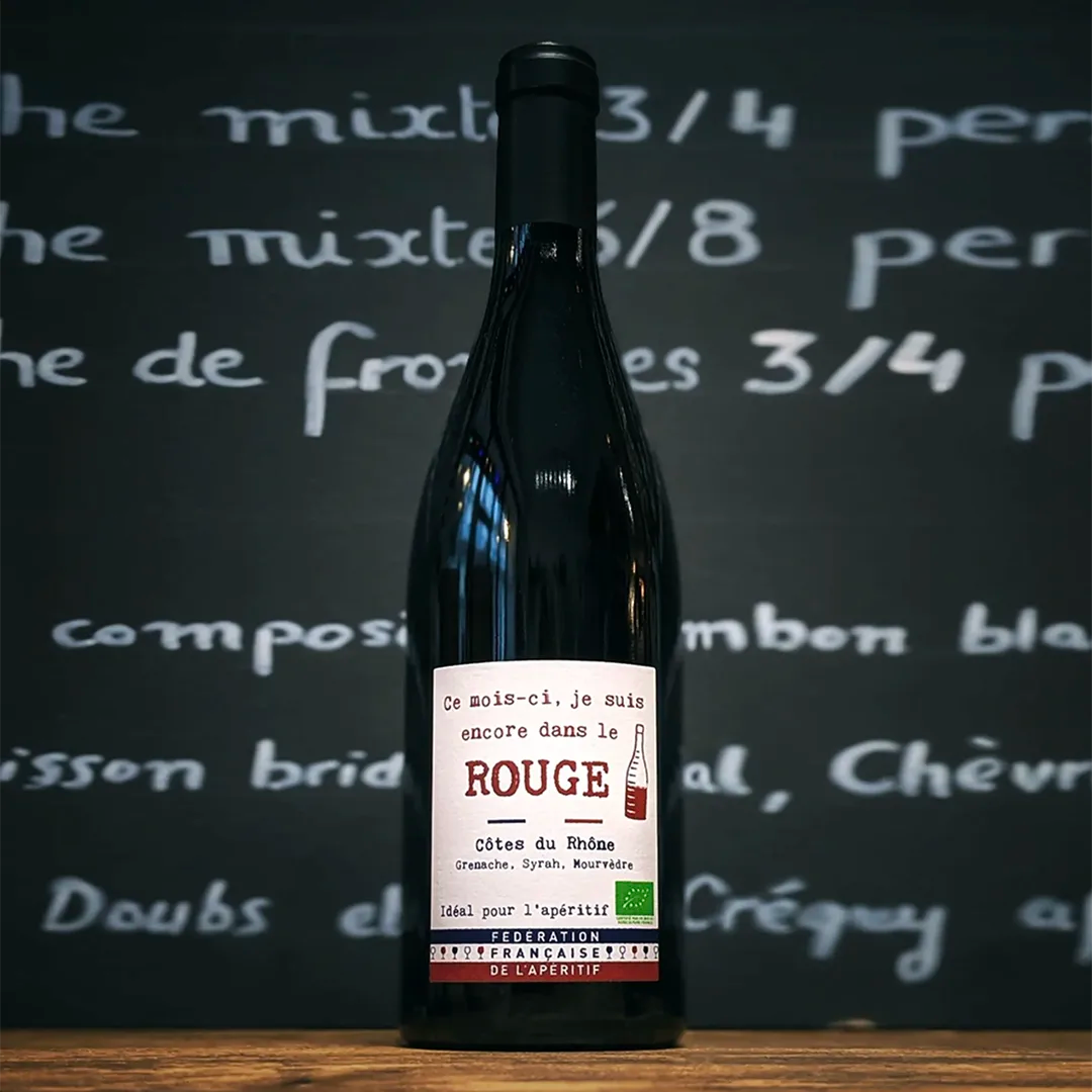 Bouteille de vin bio "Ce mois-ci, je suis encore dans le rouge" - côtes-du-rhône rouge