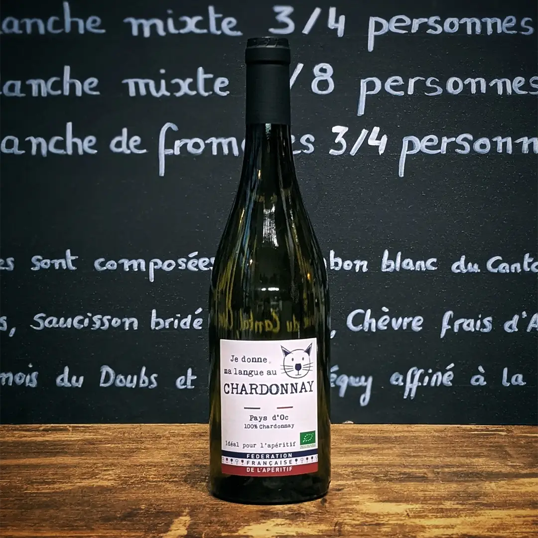 Bouteille de vin bio "Je donne ma langue au Chardonnay" - pays d'oc blanc