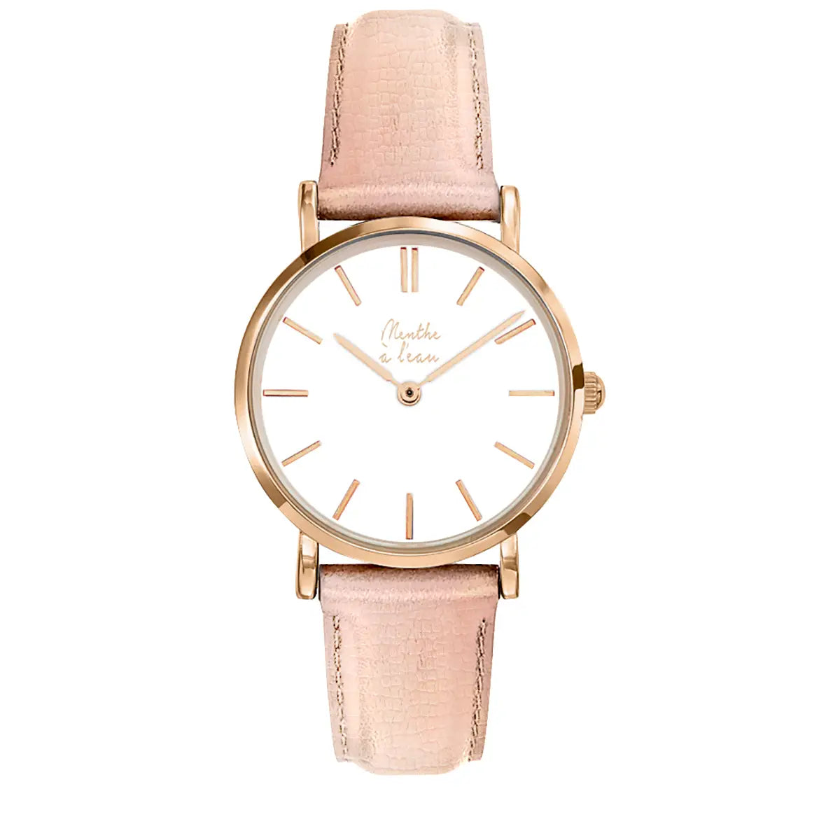 Montre avec bracelet en cuir rose et petit cadran en or rose