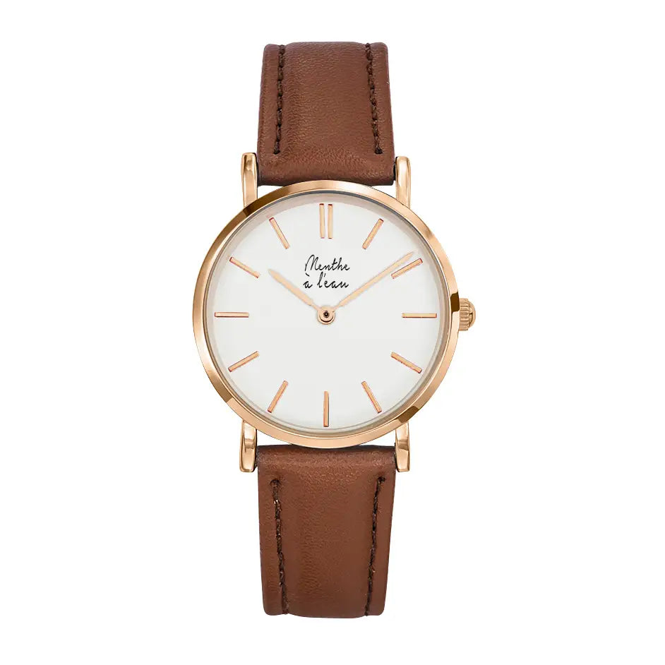 Montre avec bracelet en cuir camel et petit cadran doré Femme
