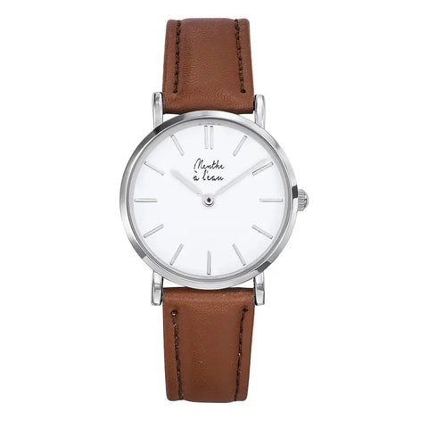 Montre avec bracelet en cuir camel et petit cadran argent - Femme