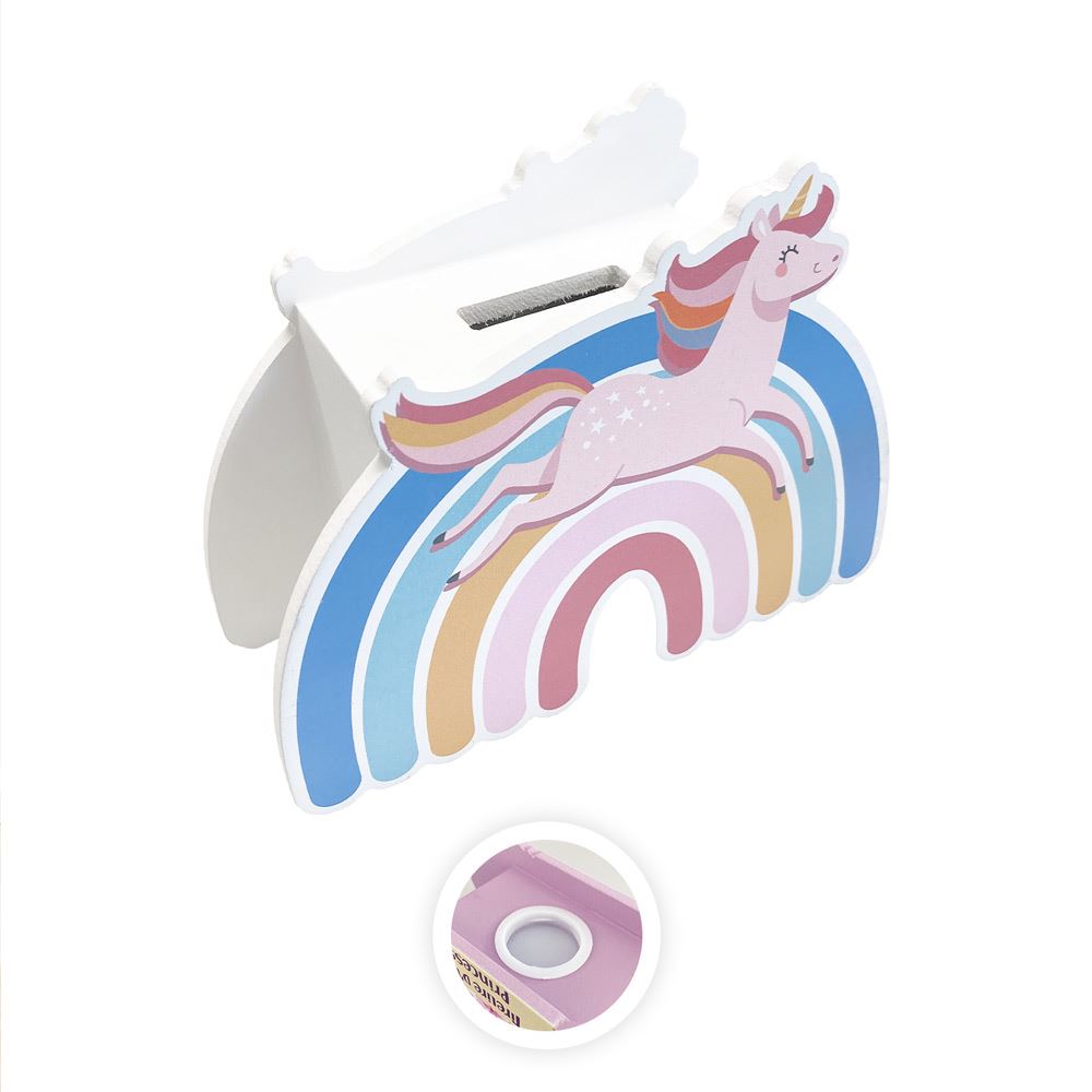 Tirelire bois licorne arc-en-ciel