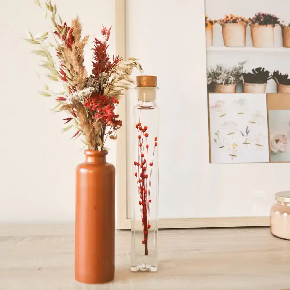 Bouquet de fleurs séchées en vase en grès marron - Polhine